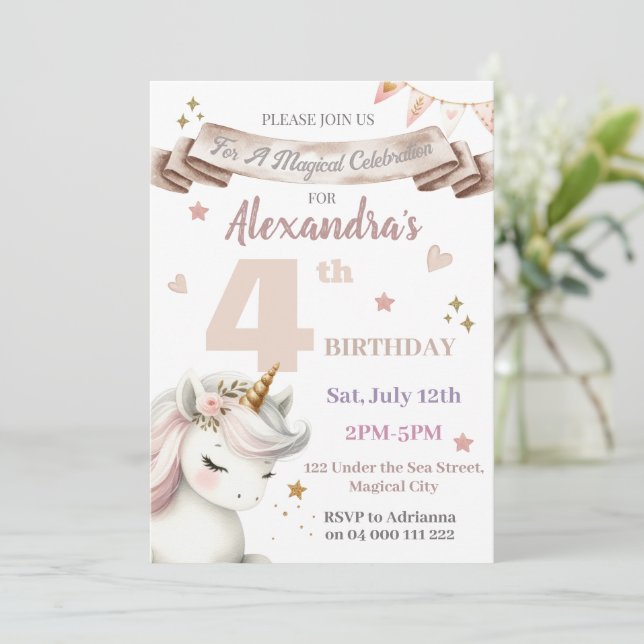 Boho Unicorn Magical Girl 4th Birthday Invitation (Standing Front)