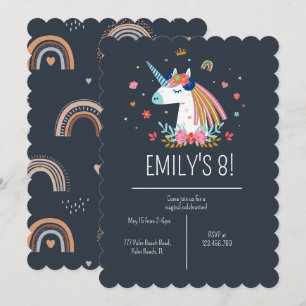 Boho Unicorn Modern Navy Girls Cute Birthday Invit Invitation