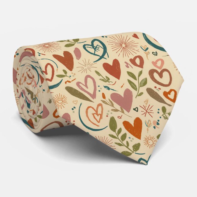 Boho Valentine Hearts Seamless Pattern Earthy Love Tie (Rolled)
