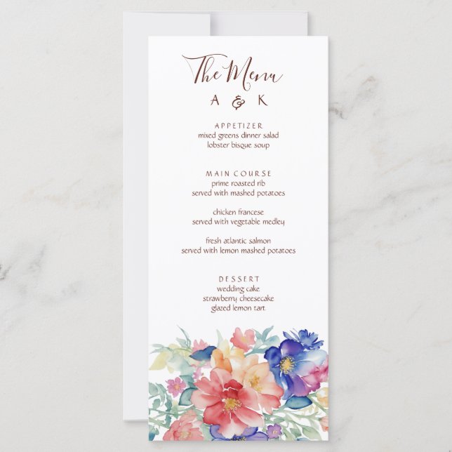 Boho Vibrant  Flowers Wedding Menu Flat Card (Front)