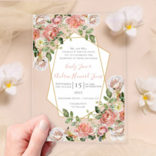 Boho Victorian Rose Geometric Gold Frame Wedding Acrylic Invitations