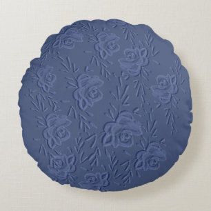 Boho Vintage Artistic Blue Flowers Round Cushion