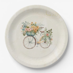 Boho Vintage Bicycle with Flower Basket Watercolor Paper Plate