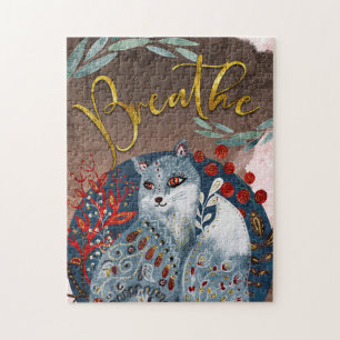 Boho Vintage Cat - Remember to Breathe Jigsaw Puzzle