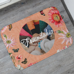 Boho Vintage Elegant Wildflower Text Photo Orange Bath Mat