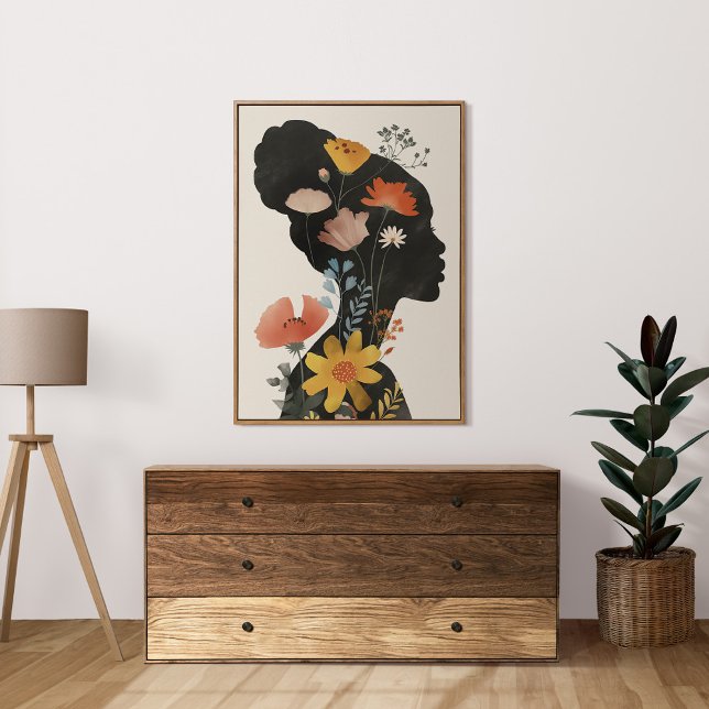 Boho Vintage Female Portait with Wildflowers Poster (Boho Vintage Female Portait with Wildflowers Poster in a neutral boho living room.)