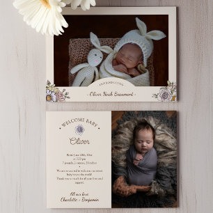 Boho Vintage Floral Beige Two Photo Birth Announcement