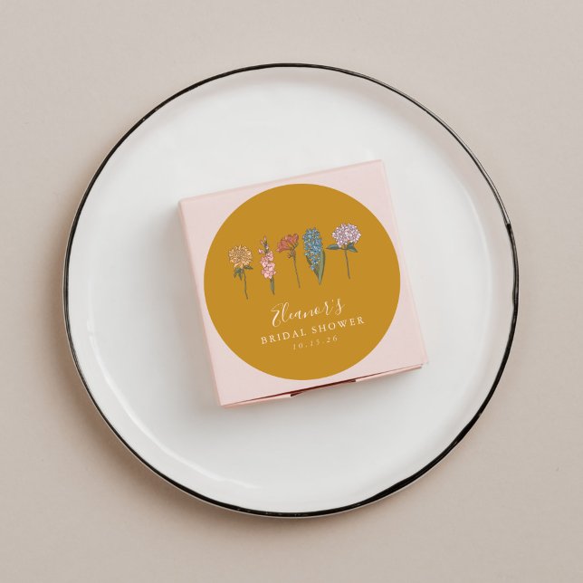 Boho Vintage Flowers Yellow Custom Bridal Shower  Classic Round Sticker (Creator Uploaded)