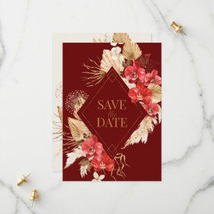 Boho vintage gold frame red orchid fall Wedding Save The Date