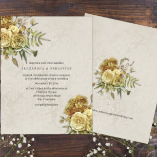 Boho Vintage Gold Roses and Cream Damask Wedding Invitation