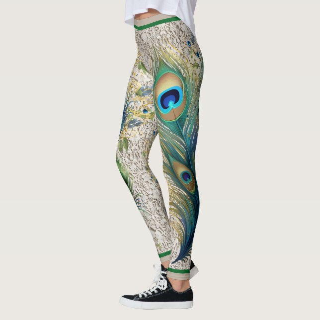 Boho Vintage Lace and Peacock Feathers Leggings (Left)