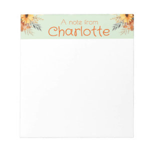 Boho vintage orange sunflower watercolor green notepad