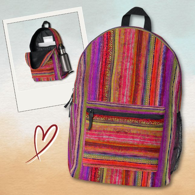 Boho Vintage Red Violet Stripes -  Printed Backpack (Creator Uploaded)