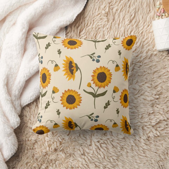 Boho Vintage Sunflower & Berries Pattern Throw Pil Cushion (Blanket)