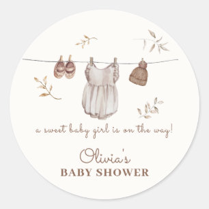 Boho Vintage Watercolor Girl Outfit Baby Shower Classic Round Sticker