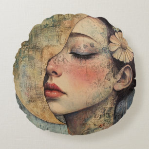 Boho Vintage Woman and Half Moon Round Cushion