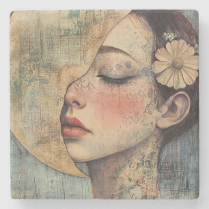 Boho Vintage Woman and Half Moon Stone Coaster