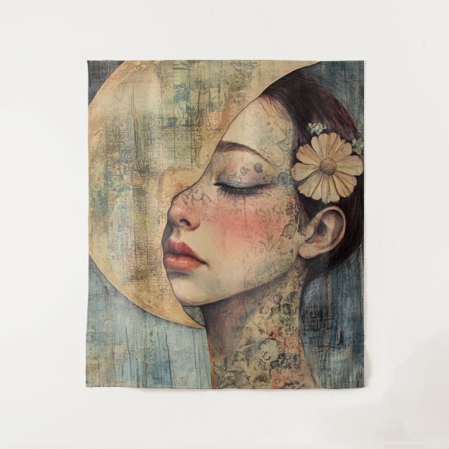 Boho Vintage Woman and Half Moon Tapestry (Front)