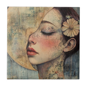 Boho Vintage Woman and Half Moon Tile