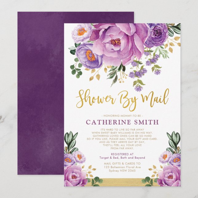 Boho Violet Gold Floral Girl Baby Shower By Mail Invitation (Front/Back)