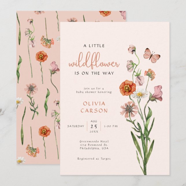 Boho Watercolor A little Wildflower Baby Shower Invitation (Front/Back)