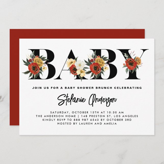 Boho Watercolor Anemone Botanical Fall Baby Brunch Invitation (Front/Back)