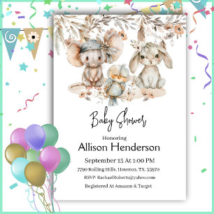Boho Watercolor Animal Baby Shower Invitation