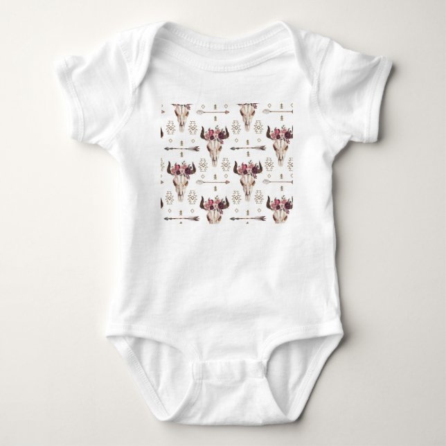 Boho watercolor: arrows, skull pattern. baby bodysuit (Front)