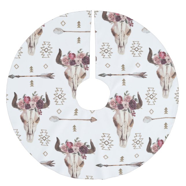 Boho watercolor: arrows, skull pattern. brushed polyester tree skirt (Front)