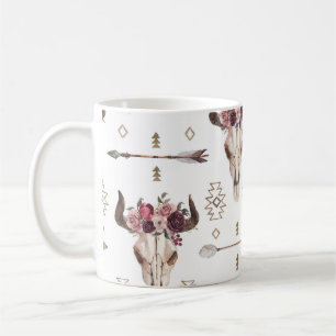 Boho watercolor: arrows, skull pattern. coffee mug