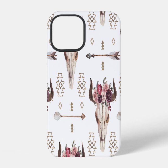 Boho watercolor: arrows, skull pattern. iPhone case (Back)