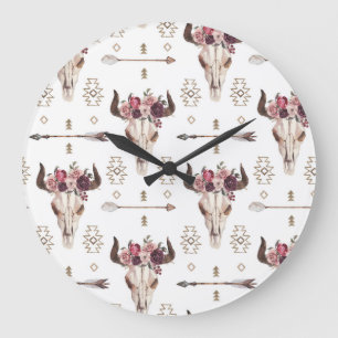 Boho watercolor: arrows, skull pattern. large clock