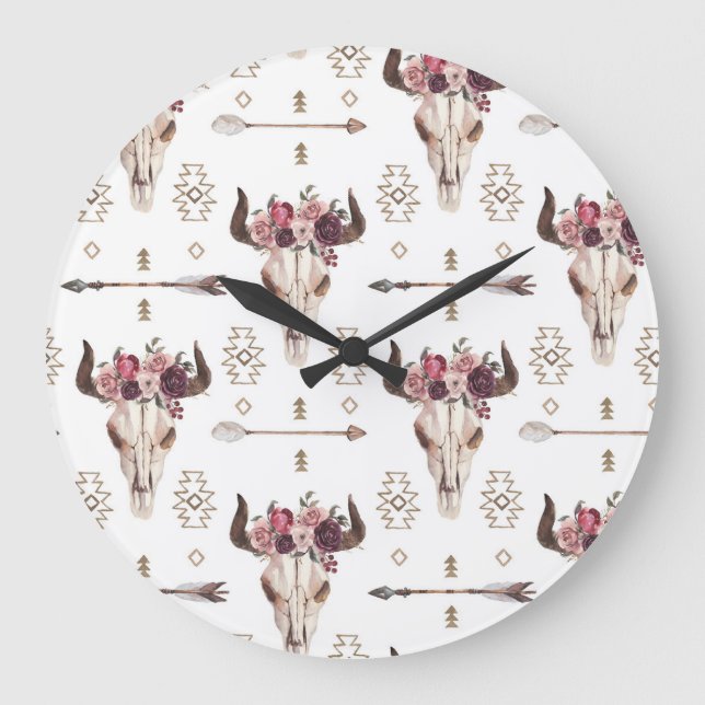 Boho watercolor: arrows, skull pattern. large clock (Front)