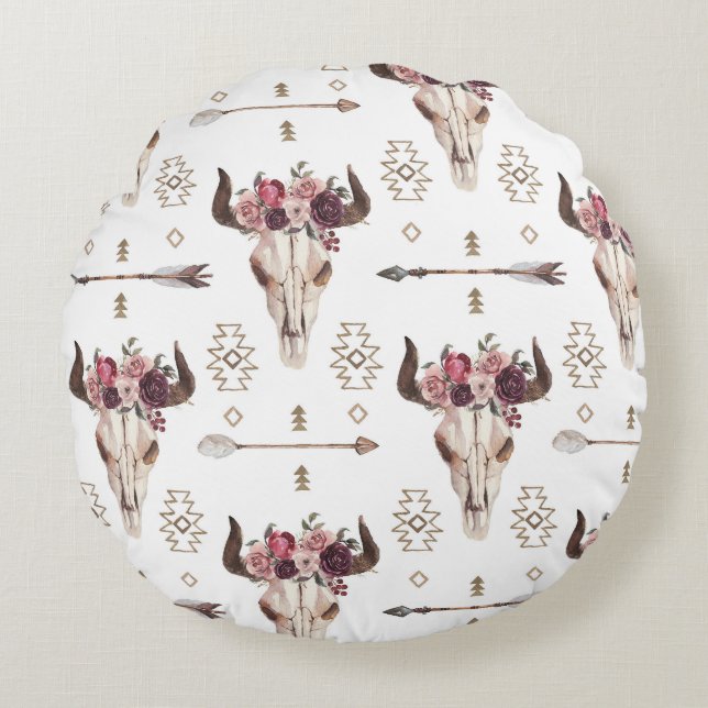 Boho watercolor: arrows, skull pattern. round cushion (Front)
