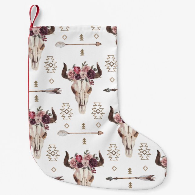 Boho watercolor: arrows, skull pattern. small christmas stocking (Front)