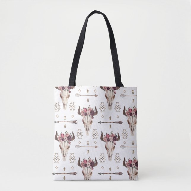 Boho watercolor: arrows, skull pattern. tote bag (Front)