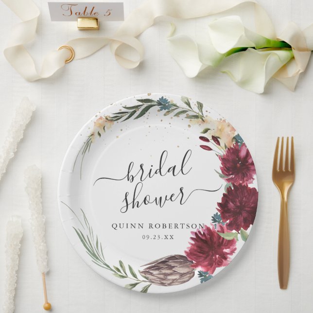 Boho Watercolor Autumn Floral Bridal Shower Paper Plate (Wedding)
