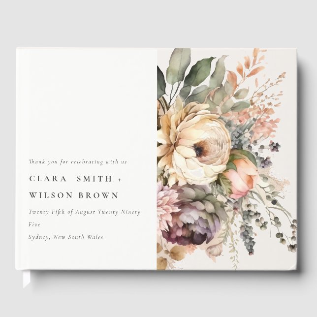 Boho Watercolor Autumn Floral Bunch Wedding Guest Book (Front)