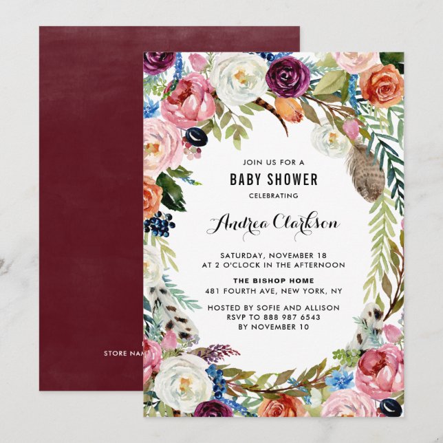 Boho Watercolor Autumn Floral Frame Baby Shower Invitation (Front/Back)