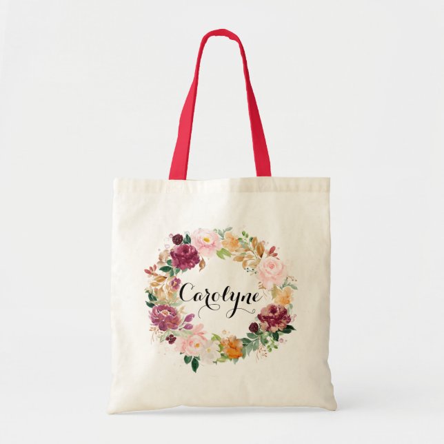 Boho Watercolor Autumn Floral Wreath Bridesmaid Tote Bag (Front)