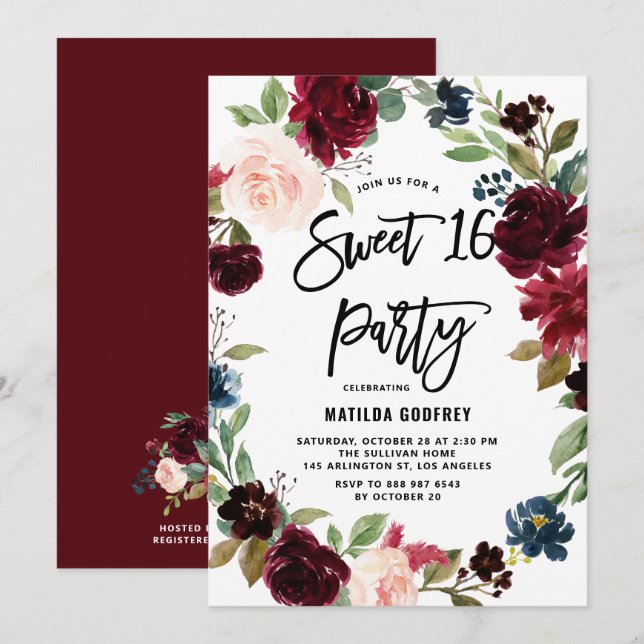 Boho Watercolor Autumn Floral Wreath Sweet 16 Invitation (Front/Back)