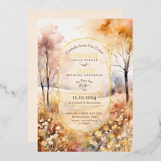 Boho Watercolor Autumn Nature Monogram Wedding  (Front/Back)