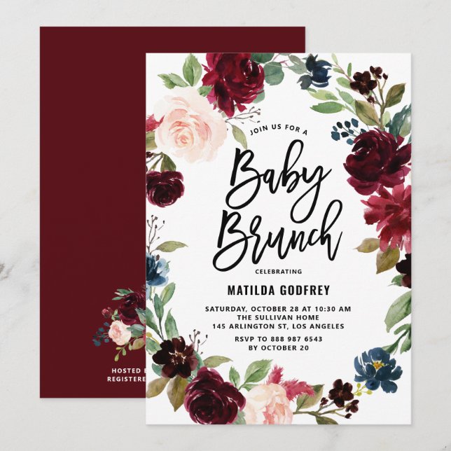 Boho Watercolor Autumn Wreath Baby Shower Brunch Invitation (Front/Back)