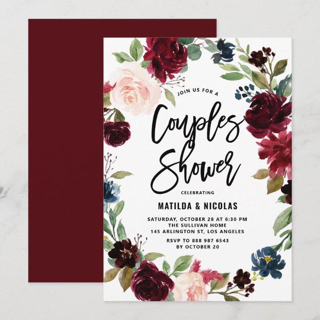 Boho Watercolor Autumn Wreath Couples Shower Invitation (Front/Back)