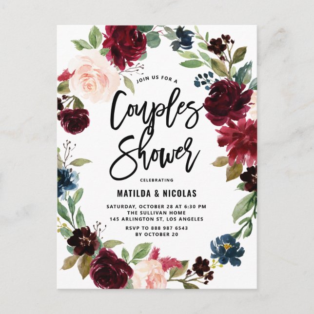 Boho Watercolor Autumn Wreath Couples Shower Invitation Postcard (Front)