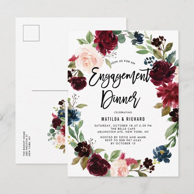 Boho Watercolor Autumn Wreath Engagement Dinner Invitation Postcard (Front/Back)