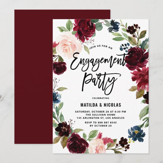 Boho Watercolor Autumn Wreath Engagement Party Invitation (Front/Back)