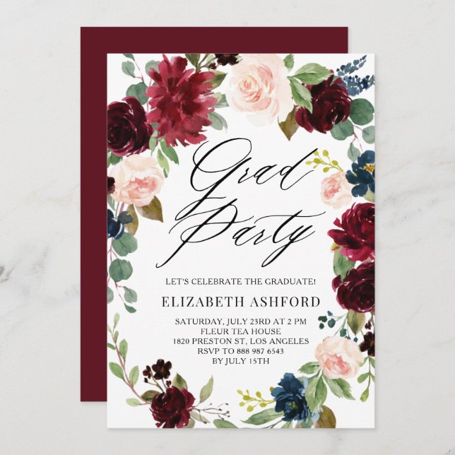 Boho Watercolor Autumn Wreath Graduation Party Invitation (Front/Back)