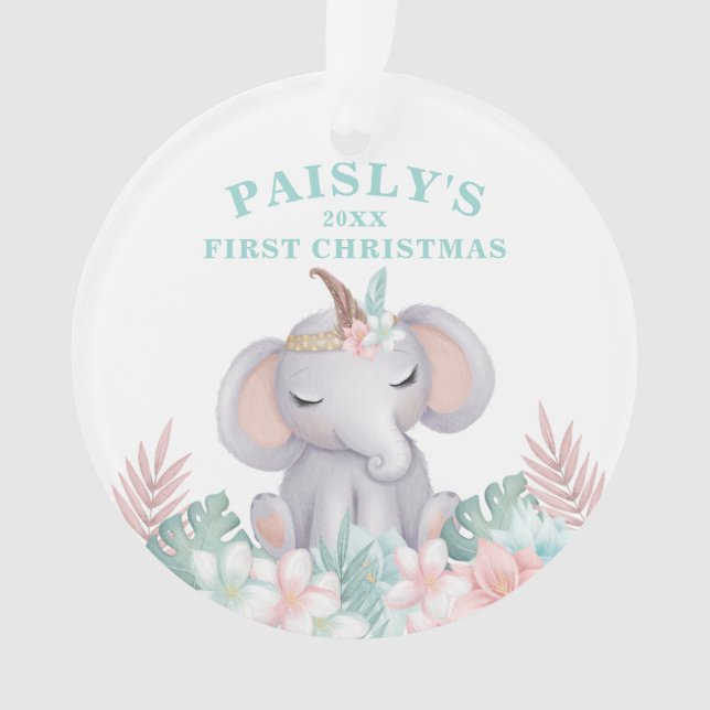 Boho Watercolor Baby Elephant Christmas Photo Ornament (Front)