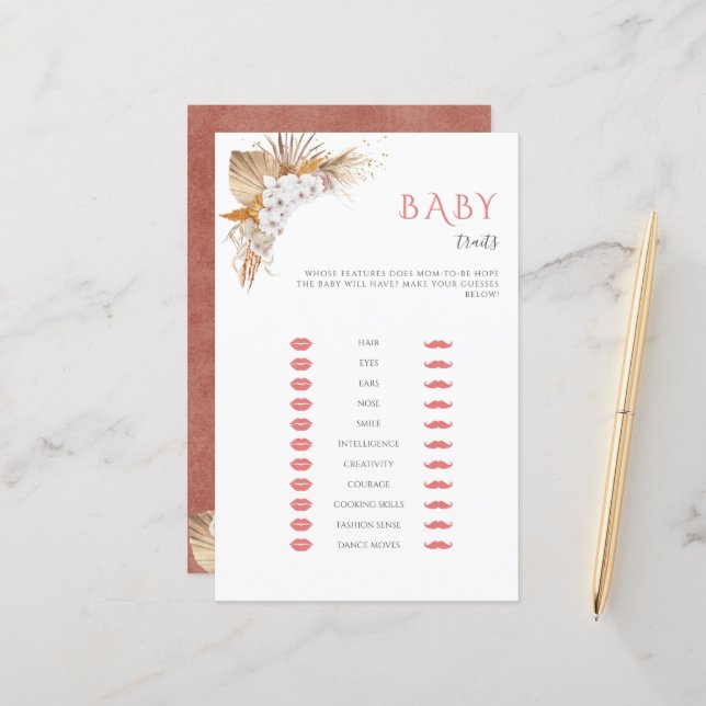 Boho Watercolor Baby Shower Game Baby Traits (Front/Back In Situ)